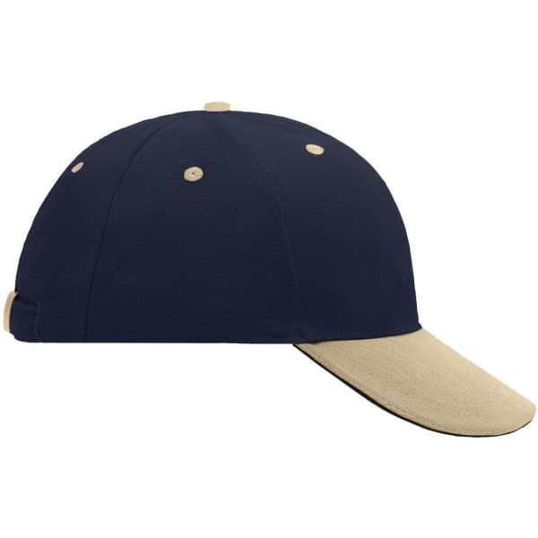 A 6-panel sandwich cap featuring a navy body and a beige peak, complete with a logo on the side.