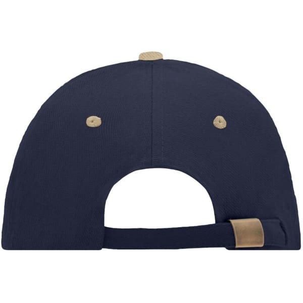 A navy blue 6-panel sandwich cap featuring a curved brim and a rear adjustable strap, with a logo on the back.