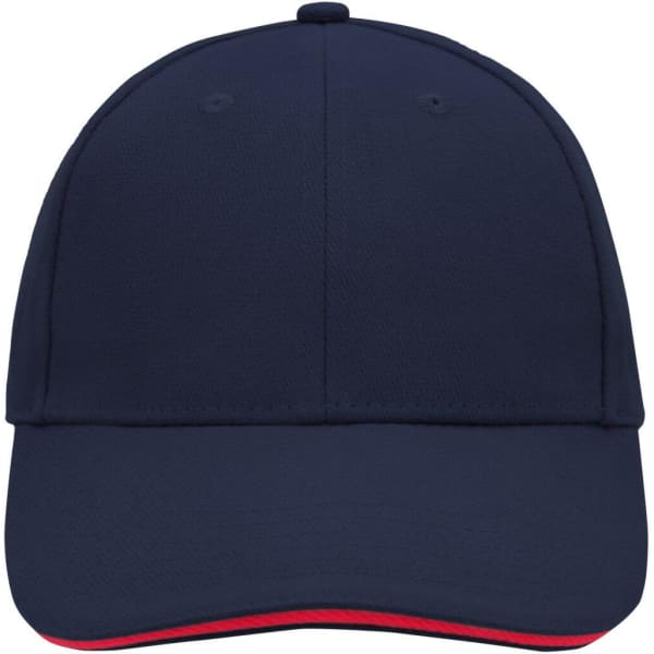 A navy blue six-panel sandwich cap with a red underbrim and a logo on the front.