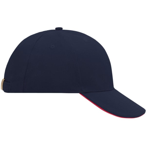 A navy blue 6 Panel Sandwich Cap with a contrasting red peak and a logo on the side.