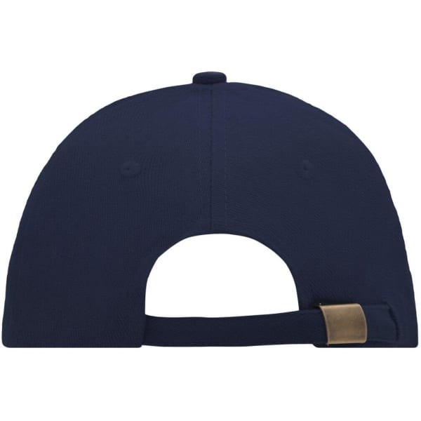 A navy blue 6 panel sandwich cap featuring a buckle closure and ventilation eyelets on the back.