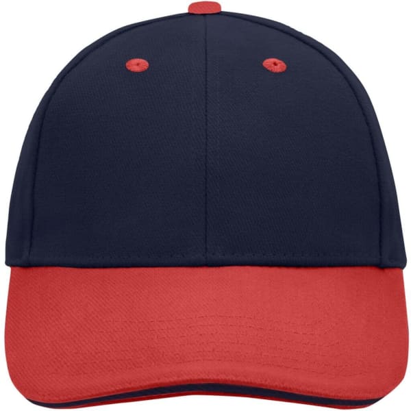 A 6-panel sandwich cap featuring a navy blue crown and a red brim, with a logo on the front.