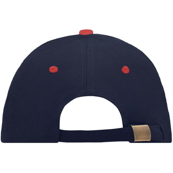 A navy blue 6 panel sandwich cap featuring a red button and eyelets, with an adjustable strap at the back.