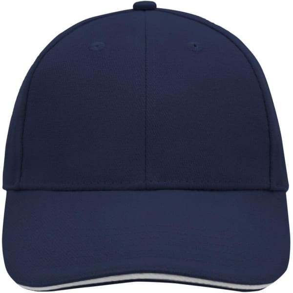 A navy blue 6 panel sandwich cap with a structured design and a logo on the front.