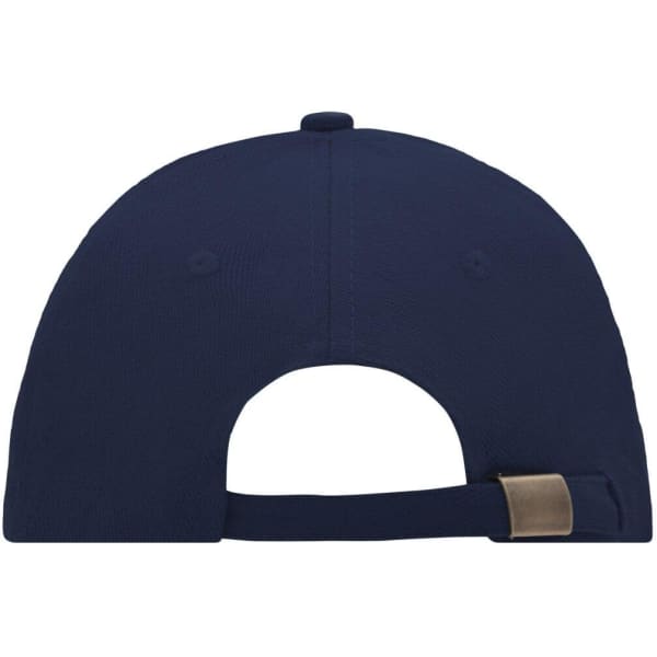 A navy blue 6-panel sandwich cap featuring a rear adjustable strap and a logo on the back.