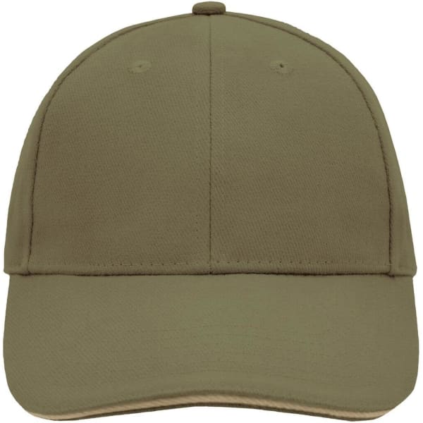 A khaki 6 Panel Sandwich Cap featuring a curved brim and a logo on the front.
