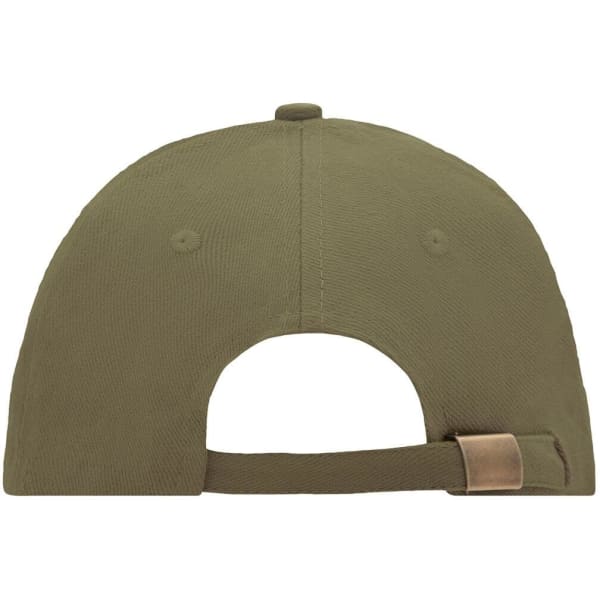 A khaki 6 panel sandwich cap featuring a plain back, complete with a metal clasp and ventilation holes.
