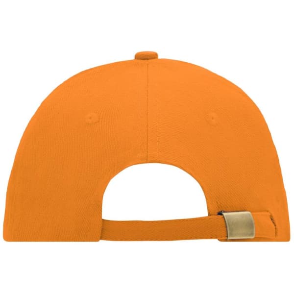 An orange 6 panel sandwich cap featuring a rear adjustment strap and a logo on the back.