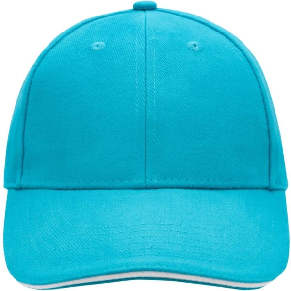 A turquoise 6 panel sandwich cap with a rounded crown and a curved brim, featuring a logo.