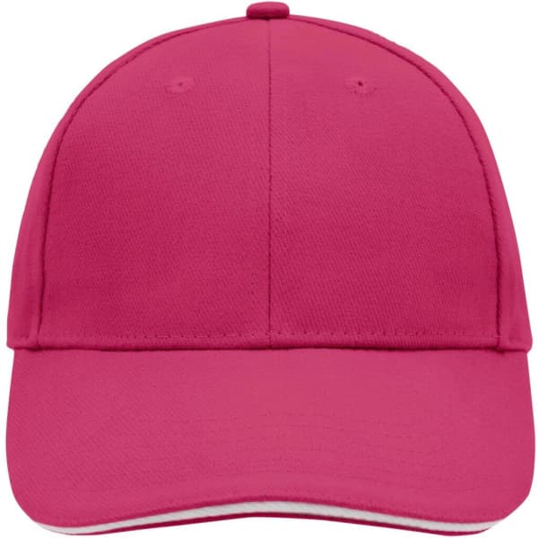 A pink 6 panel sandwich cap with a curved brim, featuring a brand logo on the front.