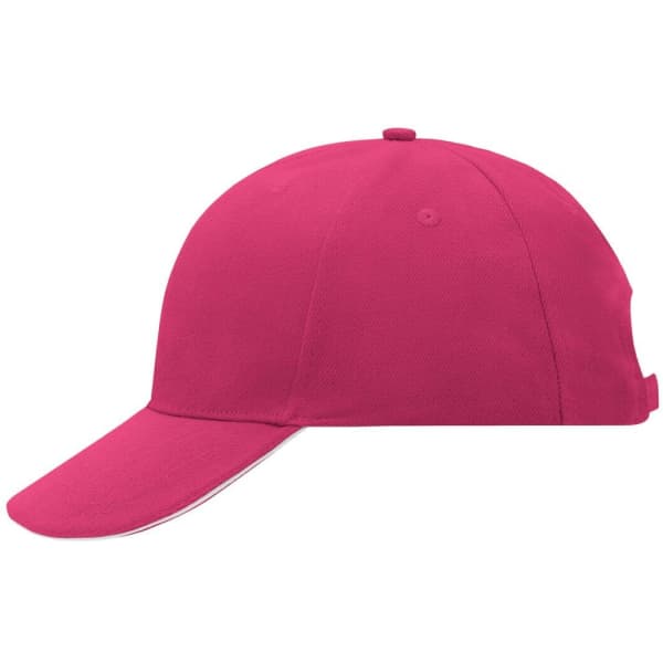 A pink 6 panel sandwich cap with a curved brim and a logo on the front. The cap has an adjustable strap at the back.