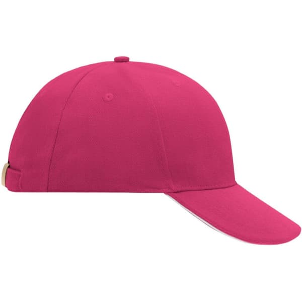 A pink six-panel sandwich cap with a curved peak and a logo on the side.