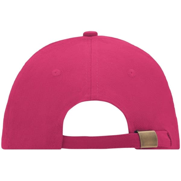A pink six-panel sandwich cap with a buckle closure at the back and ventilation holes.