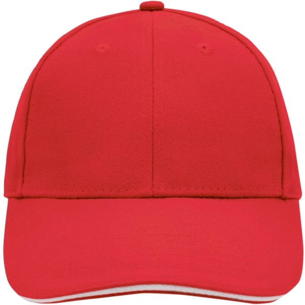A red 6 panel sandwich cap featuring a logo, with a structured design and curved peak.