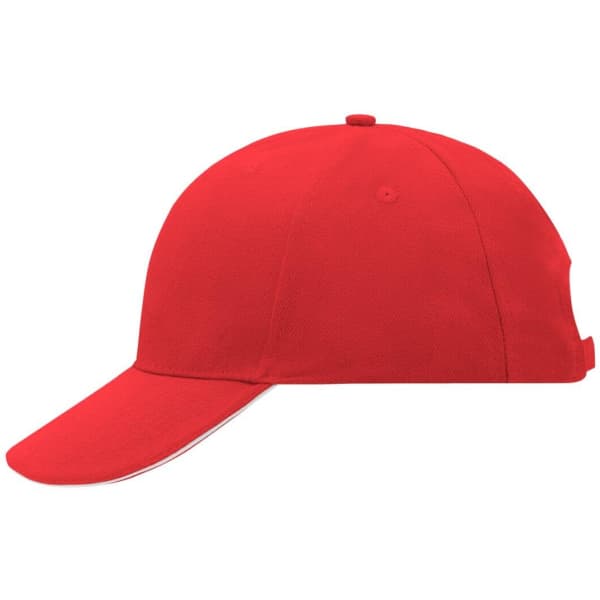 A red 6 panel sandwich cap featuring a rounded crown and a curved visor, with a logo on the front.