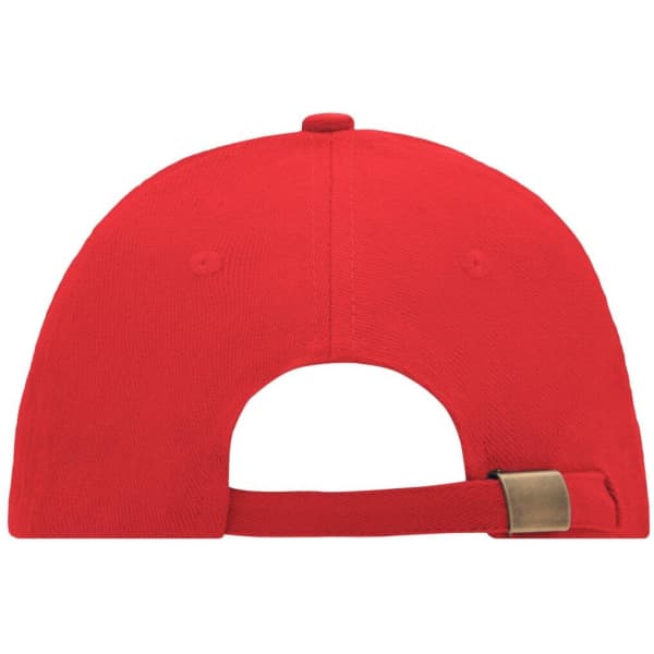 A red 6-panel sandwich cap with a strap closure and a branding logo at the back.