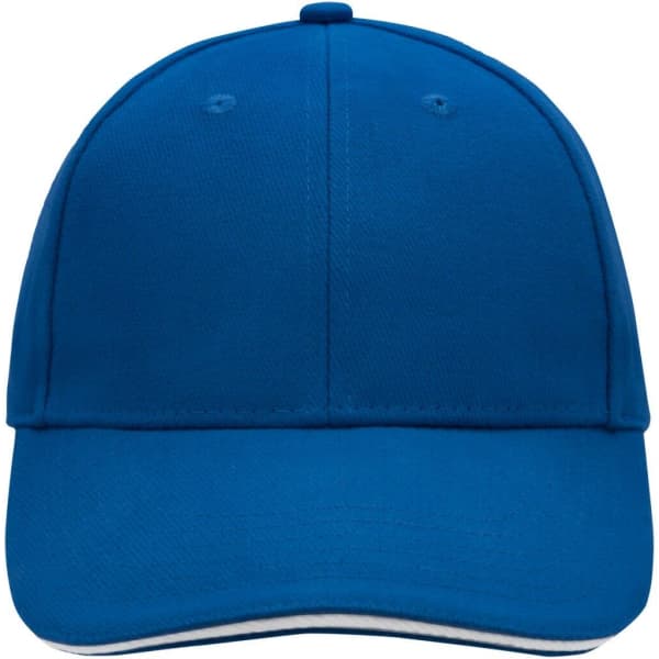 A blue 6 panel sandwich cap with a structured front and a curved brim. It features a logo on the front.