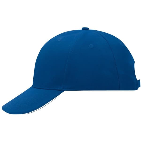A blue 6-panel sandwich cap with a curved brim and a logo on the side. Suitable for headwear promotion.