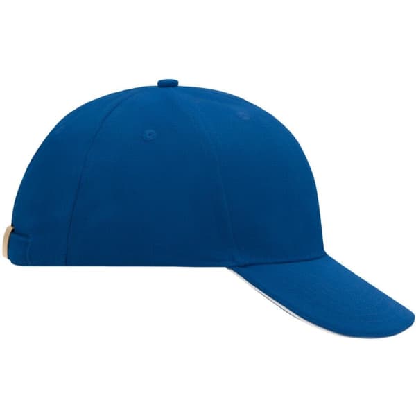 A blue 6 panel sandwich cap featuring a curved peak and an adjustable strap at the back. It has a logo on the side.