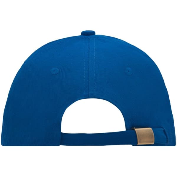A blue 6 Panel Sandwich Cap with an adjustable strap and a logo on the back.