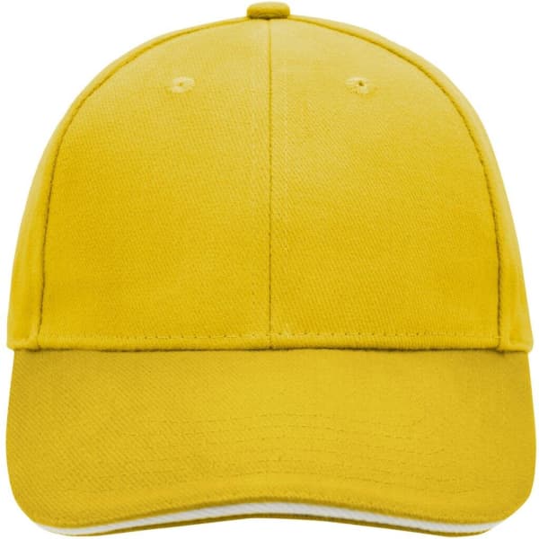 A yellow 6 panel sandwich cap featuring a curved brim and an adjustable back. It includes a logo.