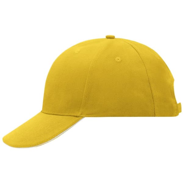 A yellow 6 panel sandwich cap featuring a curved visor and an adjustable strap at the back, with a logo on the side.