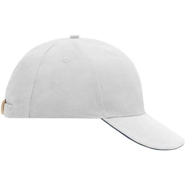 A white six-panel sandwich cap featuring a curved brim and a logo tag on the side.