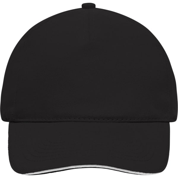 A black 5 panel sandwich cap featuring a curved brim and a logo.