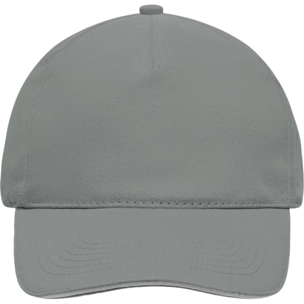 A grey 5 panel sandwich cap with a curved peak and an adjustable strap at the back. It features a logo.