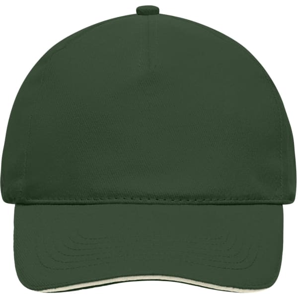 A green 5 panel sandwich cap with a curved brim, featuring a logo on the front panel.