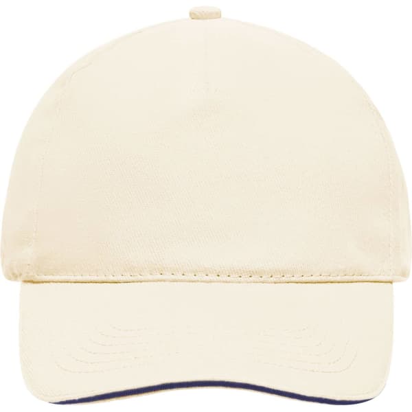 A cream-coloured 5 Panel Sandwich Cap with a curved brim and a branding logo on the front.