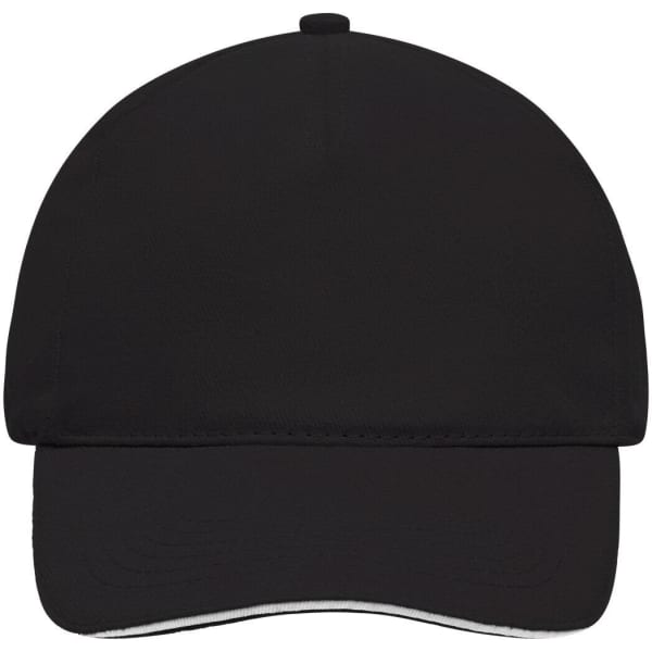 A black 5 Panel Sandwich Cap featuring a simple design and a logo on the front.