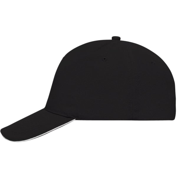 A black 5 panel sandwich cap featuring a curved brim and a logo on the front.