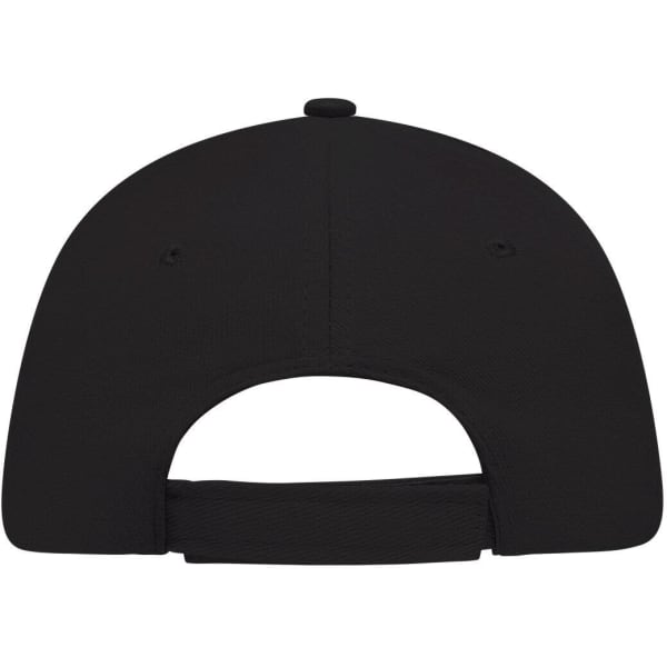 A black 5 Panel Sandwich Cap featuring a curved brim and adjustable strap at the back. Includes a logo.