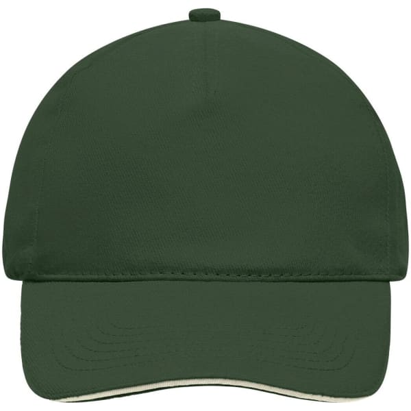 A dark green 5-panel sandwich cap with a rounded crown and a visor, featuring a logo on the front.