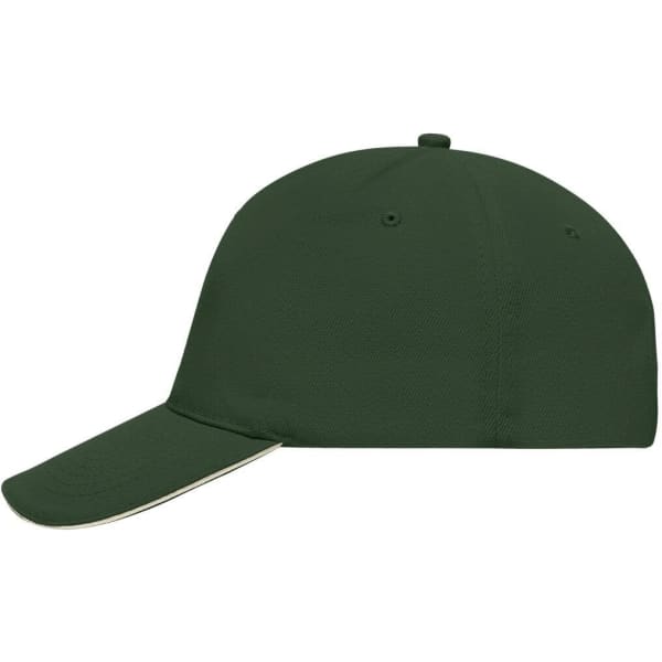 A dark green 5-panel sandwich cap with a contrasting trim and a logo on the front.