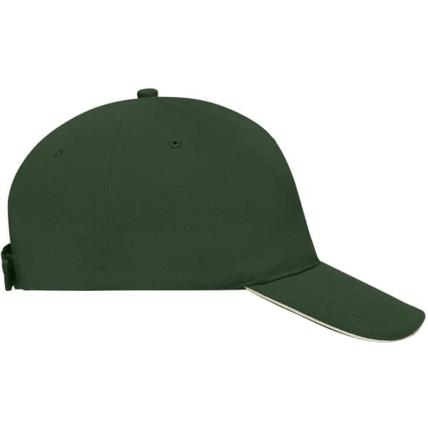 A green 5 Panel Sandwich Cap featuring a curved brim and an adjustable strap at the back. It has a logo.