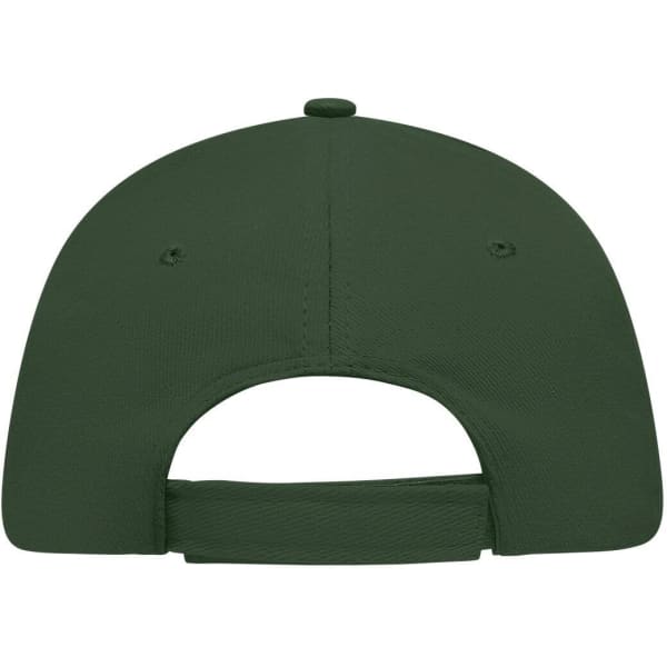 A green 5 panel sandwich cap featuring a logo on the back and an adjustable strap.