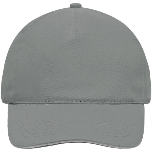 A grey 5 Panel Sandwich Cap featuring a curved brim and a logo on the front. Smooth fabric texture.