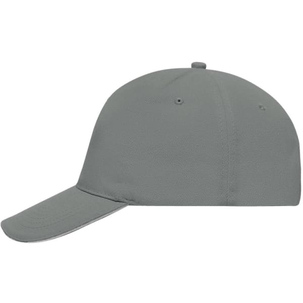 A grey 5 panel sandwich cap with a curved peak and stitching details. Features a logo on the front.
