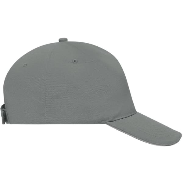 A grey 5 panel sandwich cap featuring a curved brim and an adjustable strap at the back. It has a logo on the front.