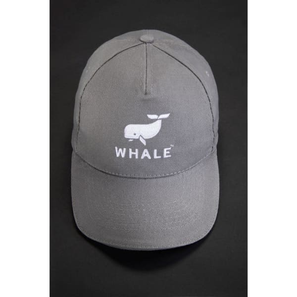 A grey 5-panel sandwich cap featuring a logo of a whale on the front.