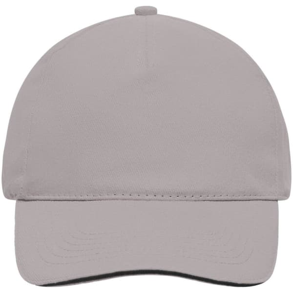 A grey 5 Panel Sandwich Cap featuring a curved brim and a logo on the front.