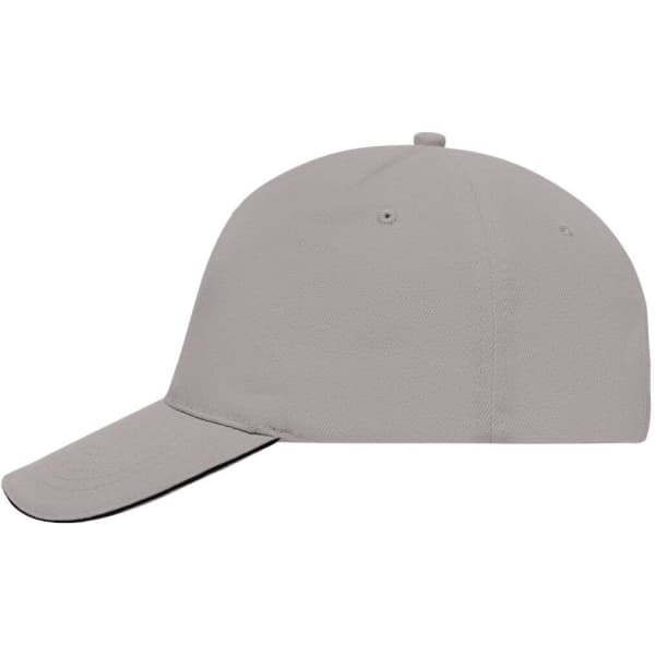 A grey 5 Panel Sandwich Cap with a curved peak and a logo on the side.