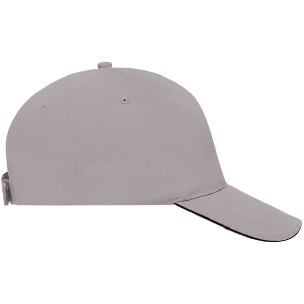 A 5 panel sandwich cap in a light grey colour with a black underside, featuring a logo on the front.