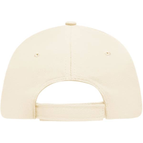 A beige 5 Panel Sandwich Cap featuring a rear adjustable strap and ventilation holes. Includes a logo.