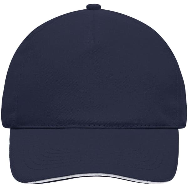A navy 5 Panel Sandwich Cap featuring a curved peak and a logo on the front.