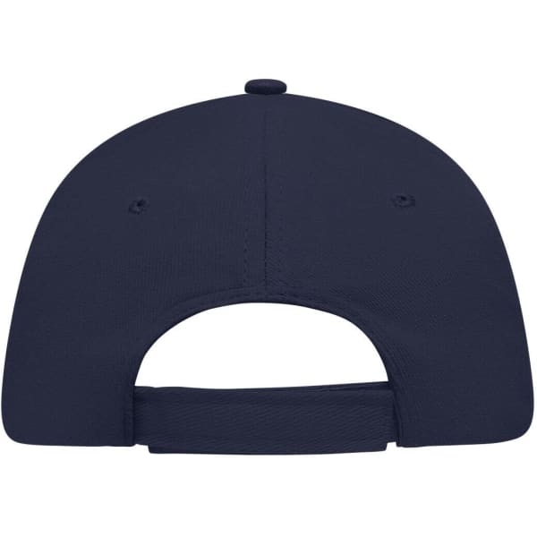 A navy blue 5 Panel Sandwich Cap featuring a solid back and adjustable strap. It has a logo or branding present.