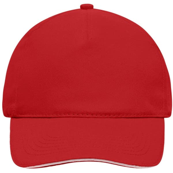 A red 5 panel sandwich cap with a logo on the front, featuring a classic structured design.