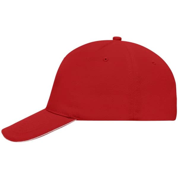 A red 5 Panel Sandwich Cap with a curved brim and a logo on the front.